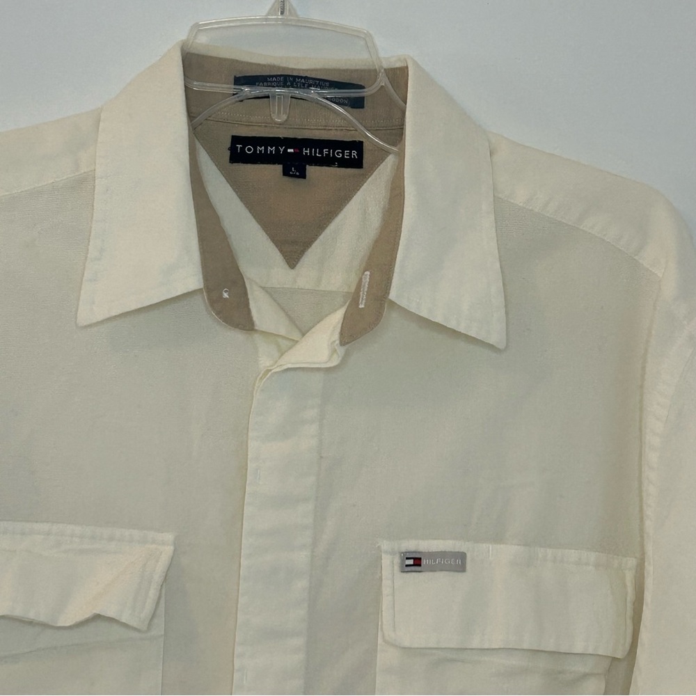 Tommy Hilfiger men VINTAGE long sleeve white cream sport safari shirt size Large - Picture 2 of 11